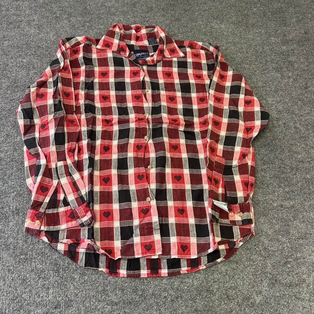 Company One Button Down Womens Size L Red Plaid Cotton Heart Embroidered Shirt